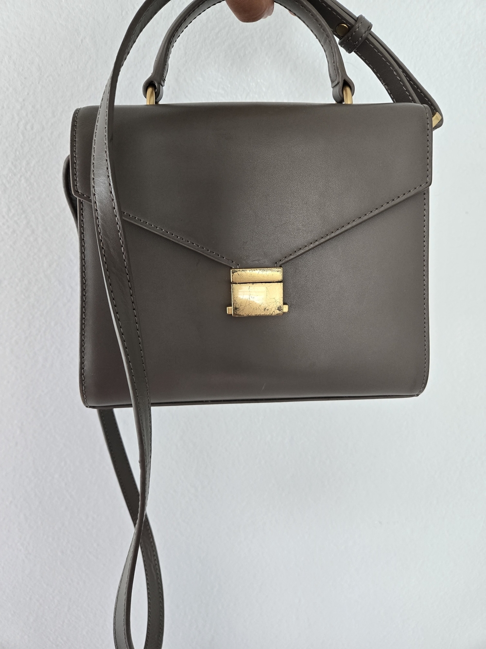 Quince Small Handle Crossbody Satchel w/ Detachable Strap Taupe Gold Hardware - Picture 7 of 16